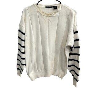 Vintage Claiborne Striped Sleeve Ivory Sweater Cotton Crew Neck Sz M